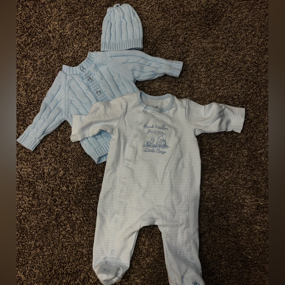 0-3 months outfit, baby blue sweater, hat and footie. Little Me and Baby Dove